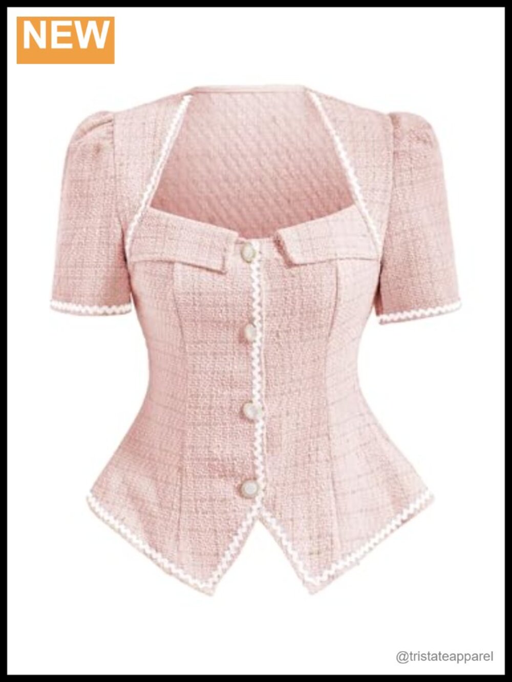 Puff Sleeve Tweed Button Down Blouse Square Neck Flared Hem Top for Work